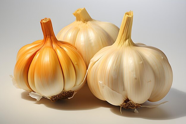 Garlic are arranged on a white paper