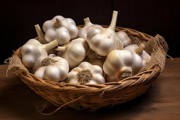 garlic in a basket on a wood table