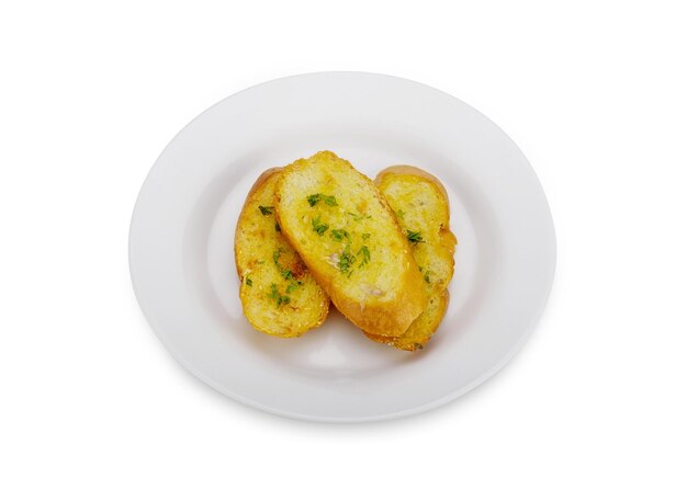 Pane all'aglio in piatto bianco su sfondo bianco