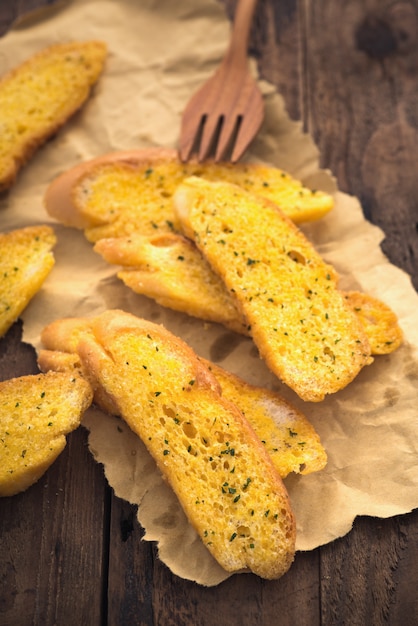 garlic bread on wood