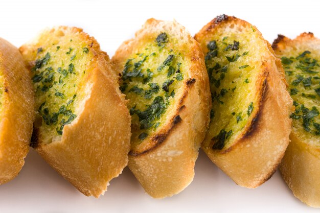 Garlic breads slice isolated on white close up