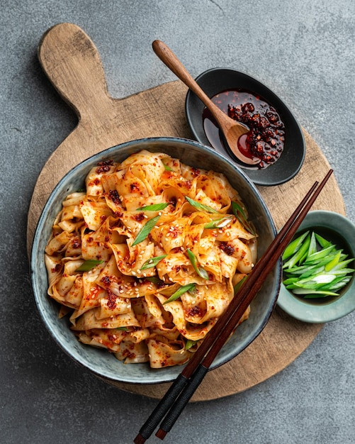 Garlic chili oil noodles chinese food top view