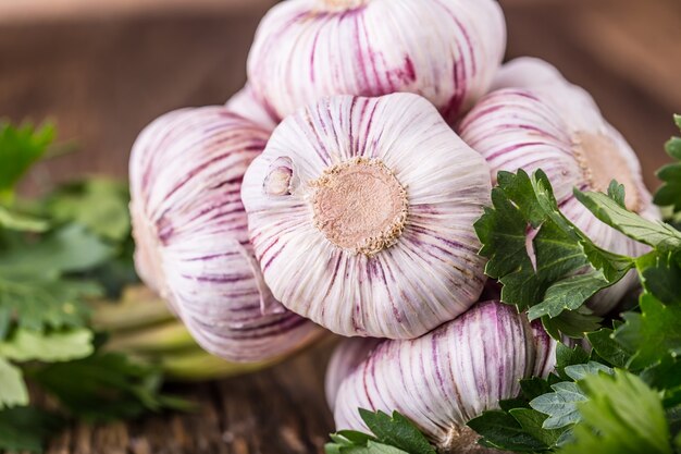 Garlic. Fresh garlic bulbs on old wooden board. Red violet garlic.