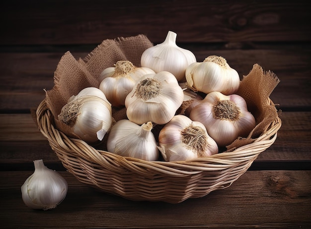 Garlic Fresh garlics in wooden basket Pile of spice cloves