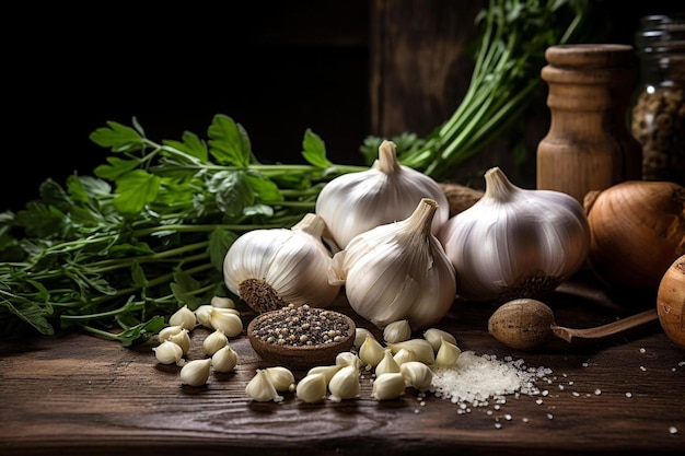 garlic, garlic, garlic, and garlic on a wooden table.