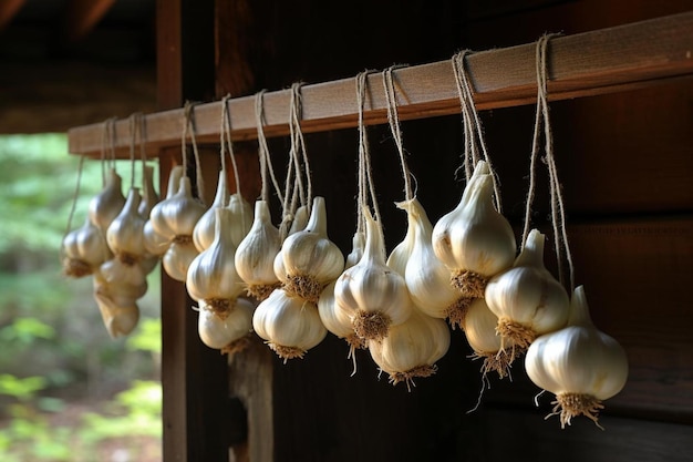 garlic hanging on a wooden beam