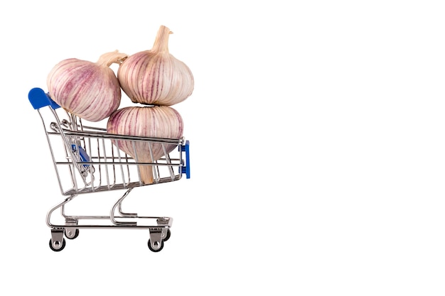 Garlic a head of garlic in a supermarket trolley on a white background