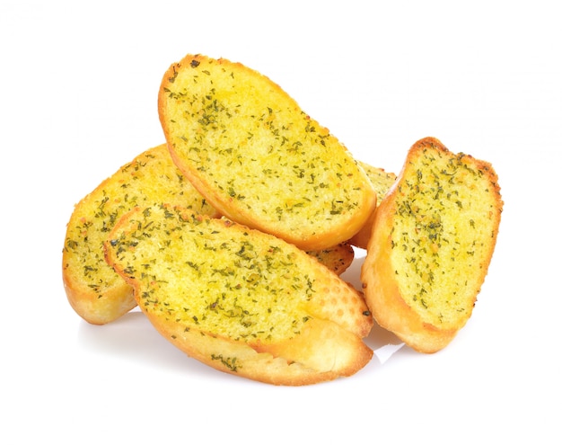 Garlic and herb bread slices on white