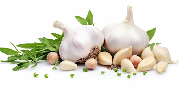 garlic and herbs isolated on white background top view Generative AI