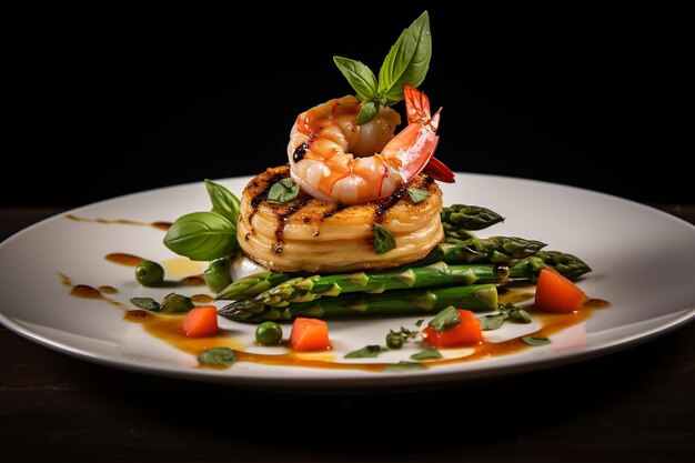 Garlic and herby prawn with sauteed asparagus baby carrot and snap pea