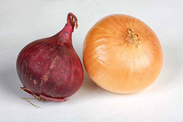 白い背景の上のニンニクと玉ねぎ野菜