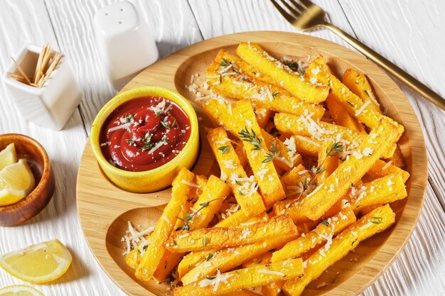 Garlic parmesan polenta fries with parmesan cheese, thyme and spices in a bamboo dish with tomato sauce on a white wooden table, italy cuisine