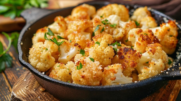 Garlic parmesan roasted cauliflower florets served in a cast iron skillet