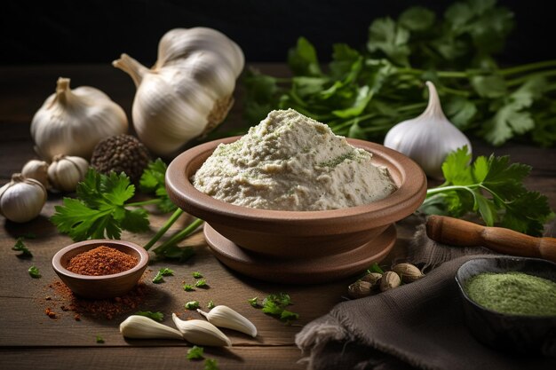 Photo garlic paste or lahsun puree with raw whole