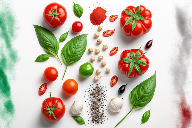 Garlic pepper spices tomato and basil Vegan meal artistic cherry tomato composition white background Top view of fresh basil tomatoes and a culinary concept