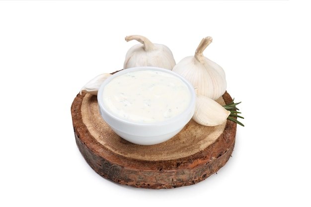 Garlic sauce and ingredients isolated on white background