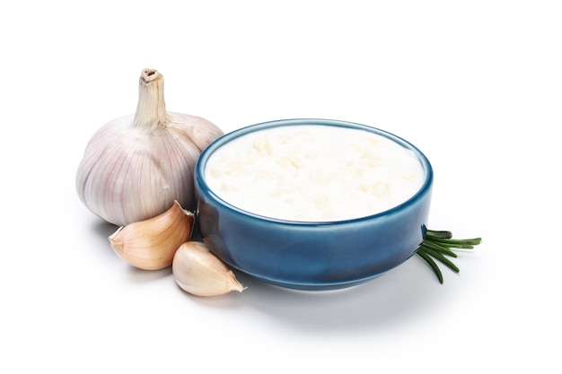 Garlic sauce and ingredients isolated on white background