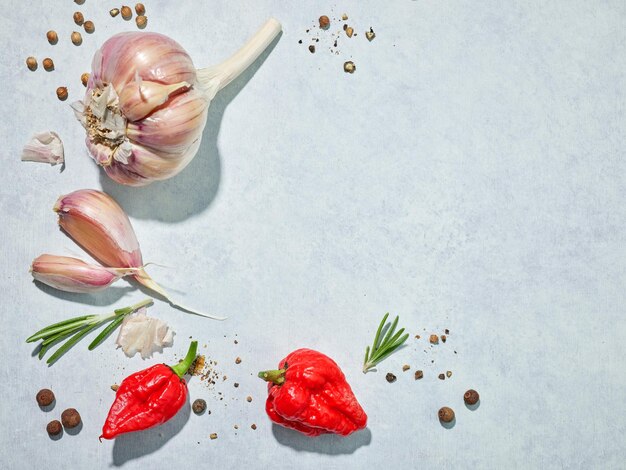 Garlic and spices on blue background, top view