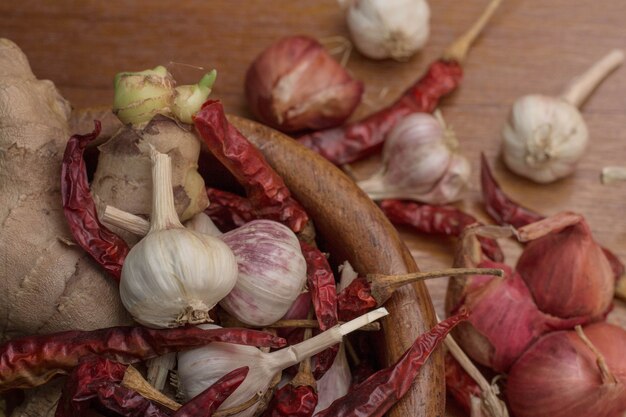 Garlic of spices on wooden.