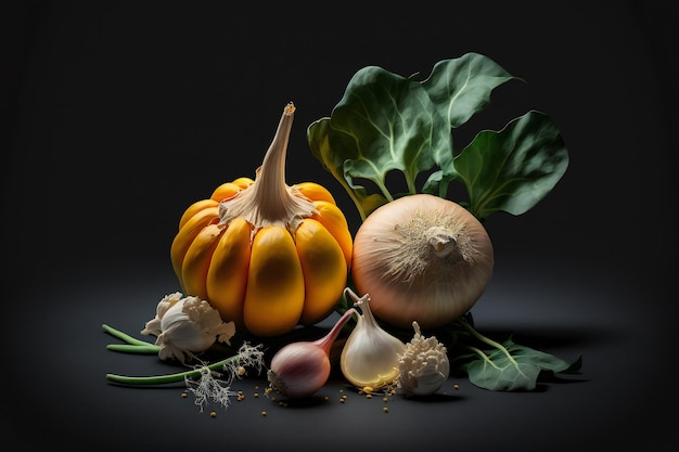 Garlic vegetables splash isolated on black background