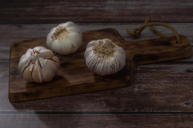 garlic on wooden board