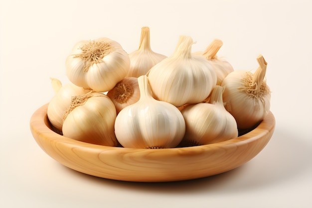 Garlic on wooden bowl