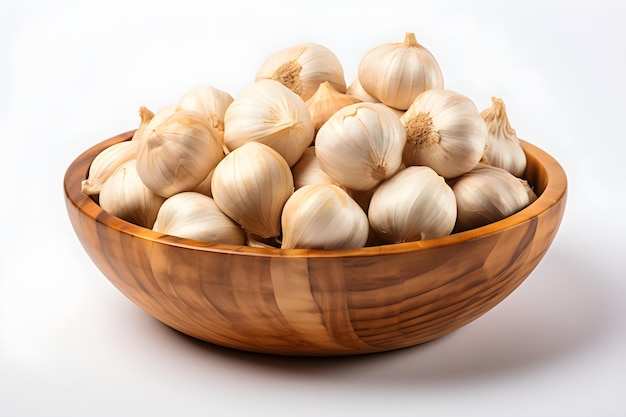 Garlic on wooden bowl