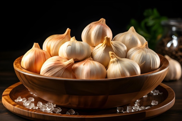 Garlic on wooden bowl