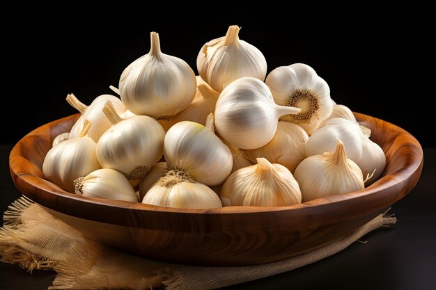 Garlic on wooden bowl