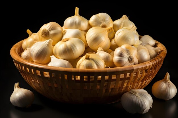 Garlic on wooden bowl