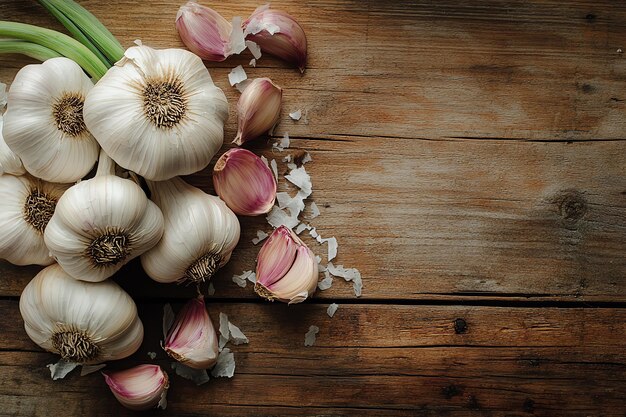 garlic on a wooden table with a bunch of garlic
