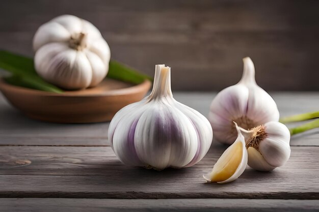 Garlic on a wooden table with a wooden background