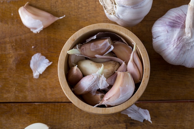 garlic on wooden table