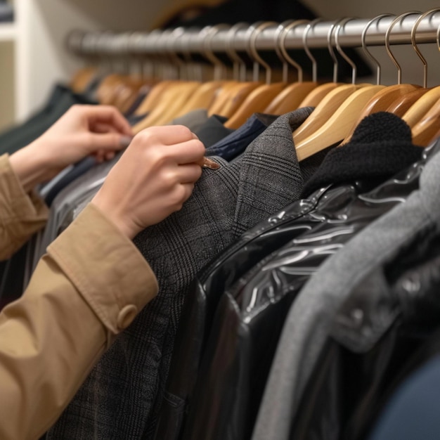 Garment care Closeup of woman picking up jacket from rack For Social Media Post Size