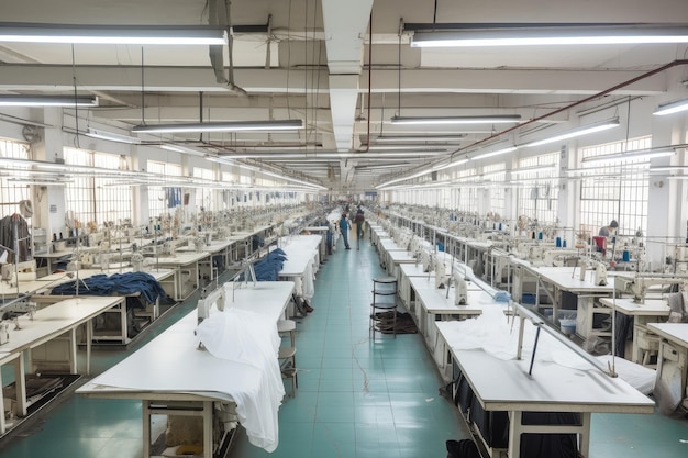 Garment factory with rows of garment racks and sewing machines visible created with generative ai