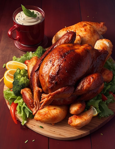 Garnished roasted turkey with vegetables and sauce on a wooden board