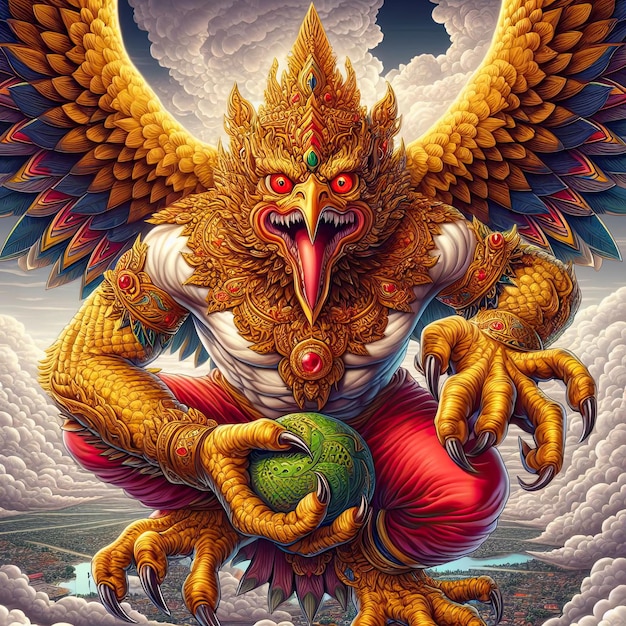 Garuda has the body of a person the back of a bird and has wings A deity in Indian and Buddhist my