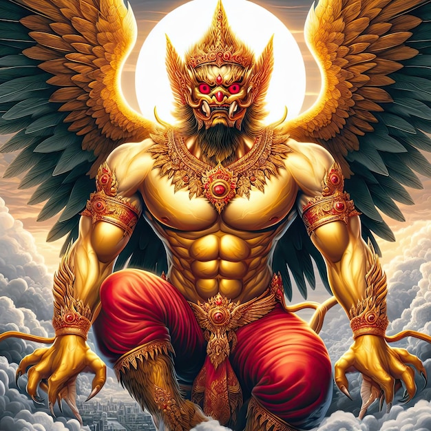 Photo garuda has the body of a person the back of a bird and has wings a deity in indian and buddhist my