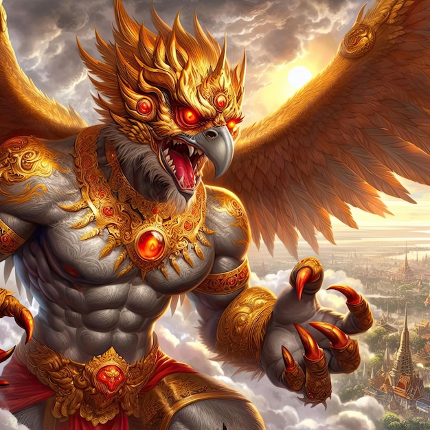 Garuda heeft het lichaam van een persoon de rug van een vogel en heeft vleugels een godheid in de Indiase en boeddhistische mijn