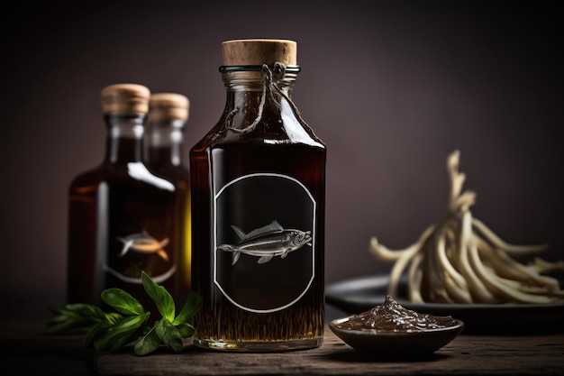 Garum fish sauce on dark background