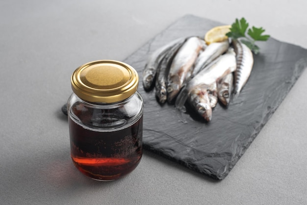 Garum is a fermented fish sauce prepared by fermentation from fish salted garum sauce in a bottle on