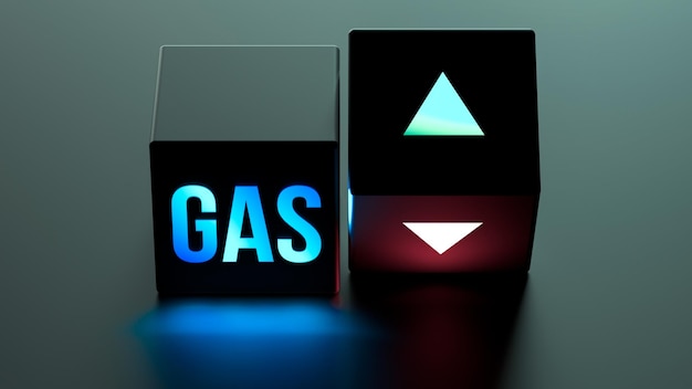 Gas blue fuel prices. Gas cube change from red to green arrow. Gas industry, gas crisis. 3D render.