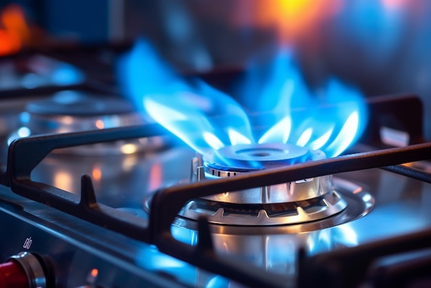 Foto gas brandt van een keuken gas fornuis blauwe gas vlam op het kookplaatje