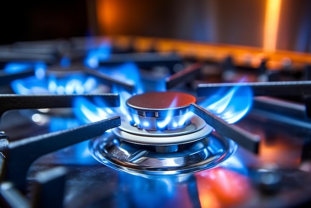 Foto gas brandt van een keuken gas fornuis blauwe gas vlam op het kookplaatje