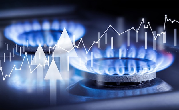 Gas burner and graph with data natural gas price growth concept