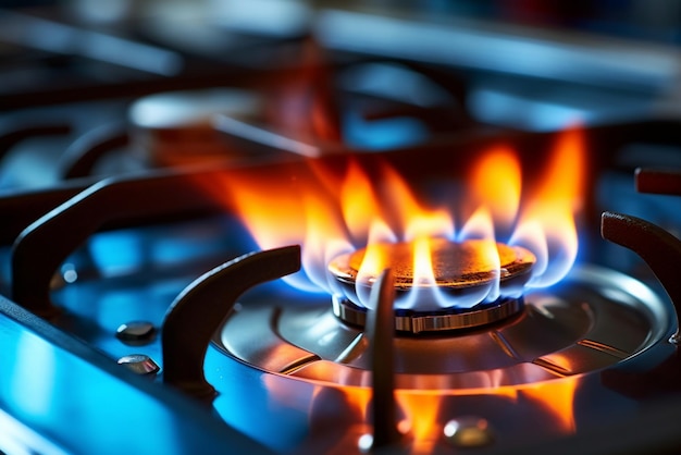 Photo gas burning from a kitchen gas stove blue gas flame on hob closeup selective focus natural