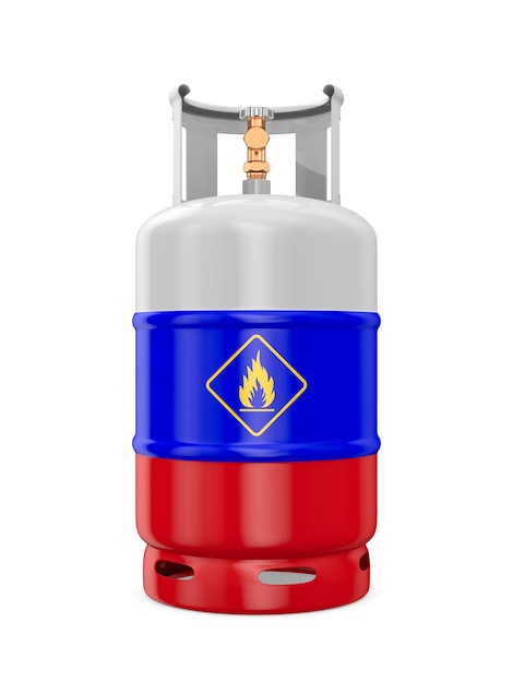 Gas cylinder with flag russia on white background Isolated 3D illustration