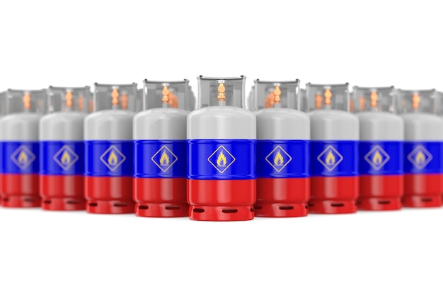 Gas cylinder with flag russia on white background Isolated 3D illustration