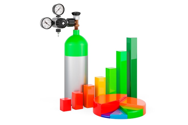 Gas cylinder with growth bar graph and pie chart 3D rendering isolated on white background