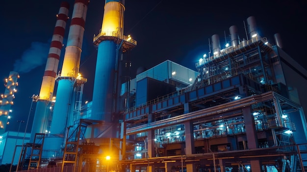 Gas fired power plant and factory building at night Also called gas fired power station or natural gas power plant That technology to burn natural gas and generate electricity or electrical energy